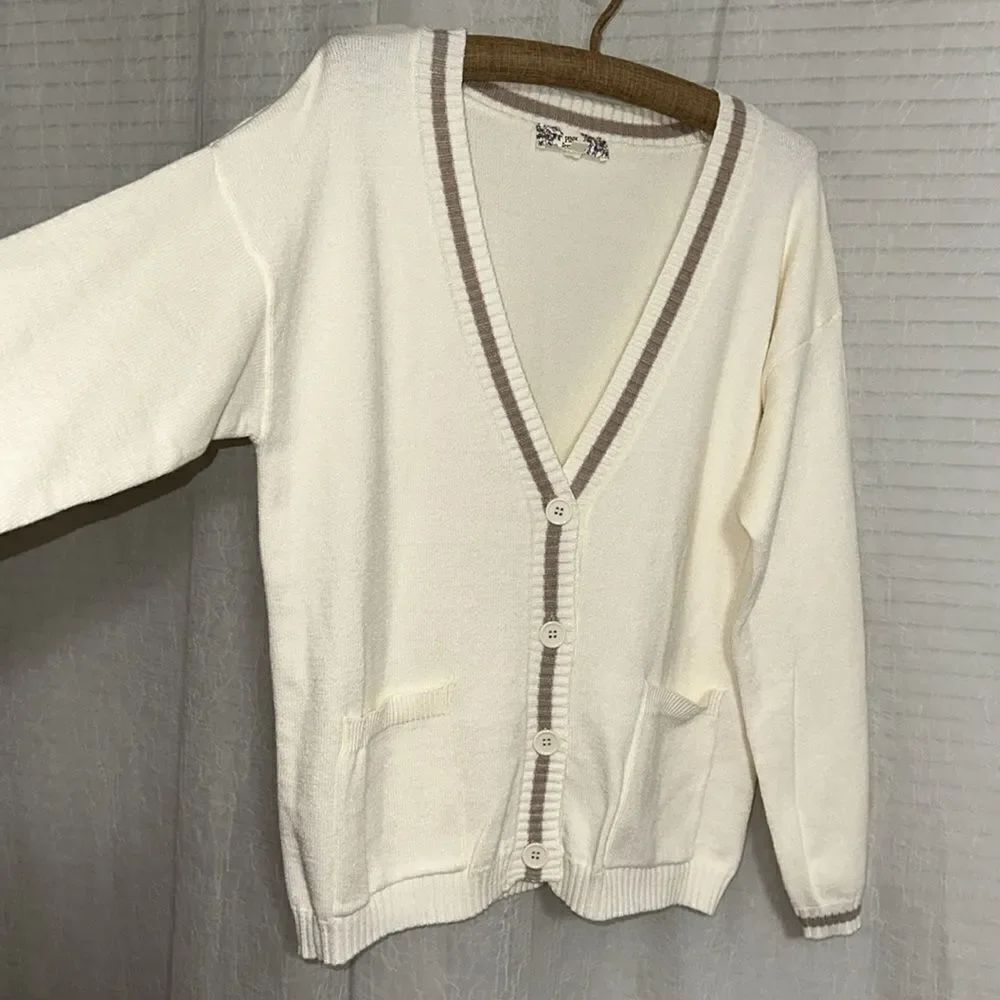Pink Republic M Ivory Tan Stripe Trim Knit Button V-Neck Cardigan with Pockets - Picture 11 of 14